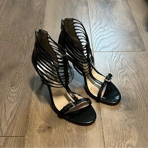 Michael Kors black strappy patent leather open toe heels